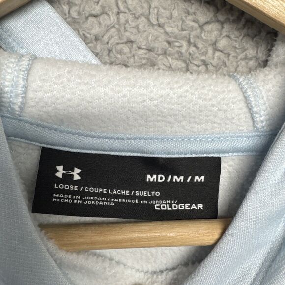 Under Armour Men's Pullover Hoodie Sz M Blue Big Logo inside fleece long sleeve - Picture 2 of 9